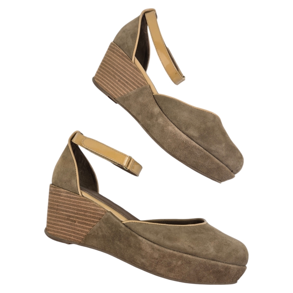 Antelope Suede Leather Ankle Strap Platform Wedges Brown Size 40 US 9 NWOT